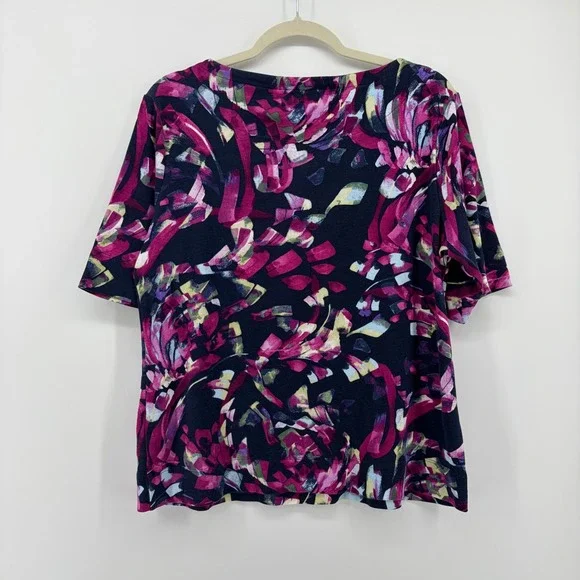 Chicos Womens Size L Navy Magenta Pima Cotton Abstract Floral Short Sleeve Top - Picture 2 of 6